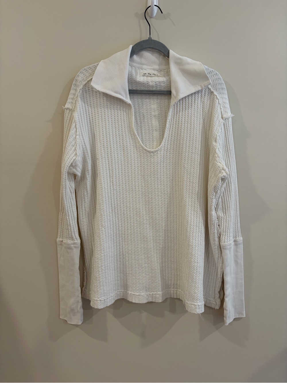 We The Free White Waffle Knit Long Sleeve Polo Top